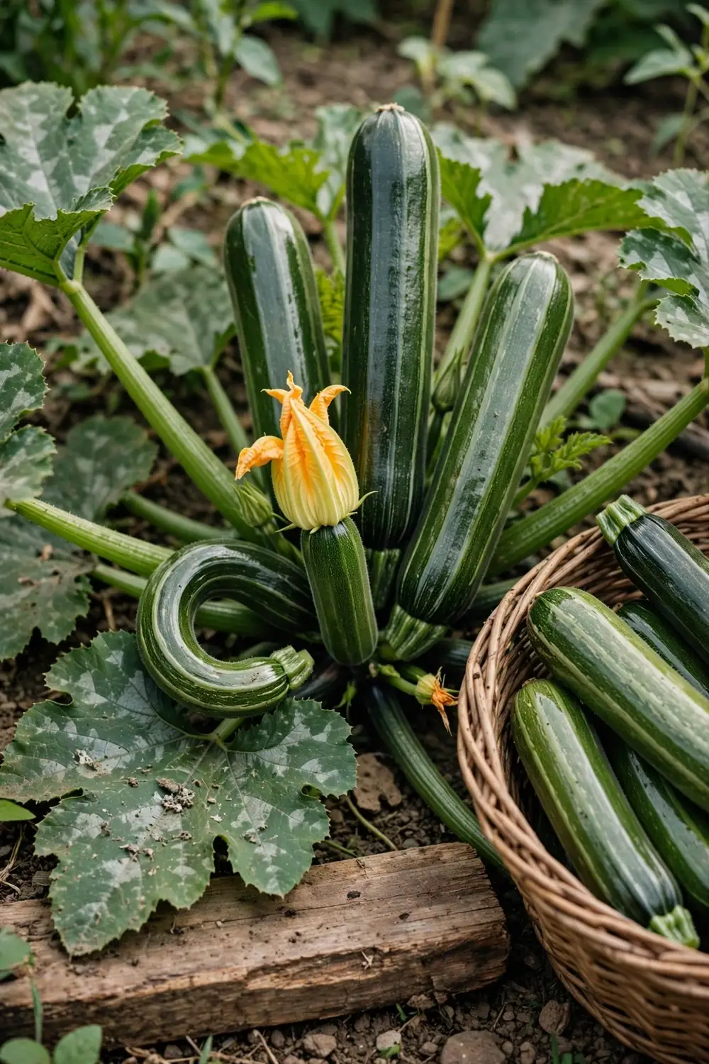 Zucchini plant loaded with dark green fruit beside a basket of picked zucchini