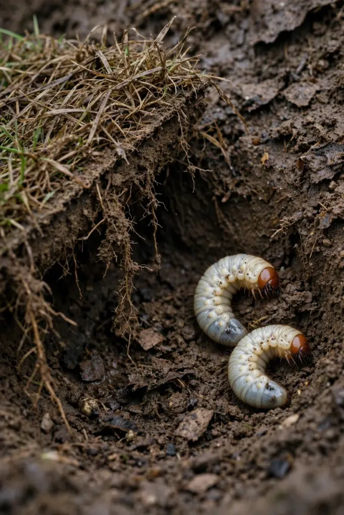 C-shaped white grub larvae in soil under a lifted square of turf