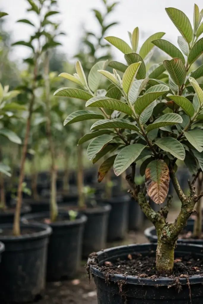 Compact guava tree in a nursery pot among rows of young trees