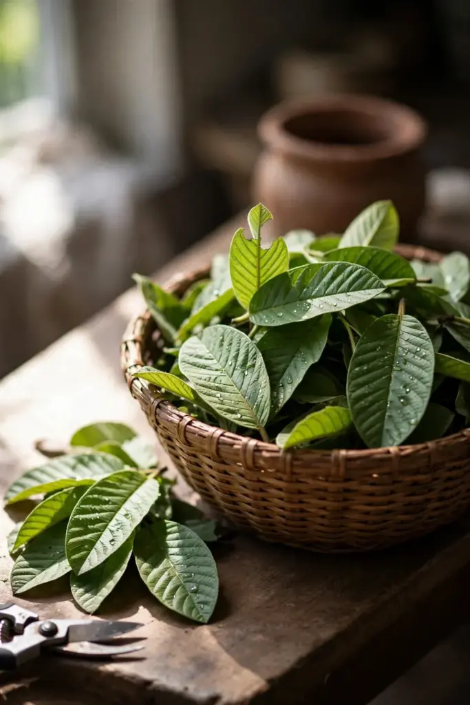 Woven basket of freshly picked young guava leaves on a wooden table