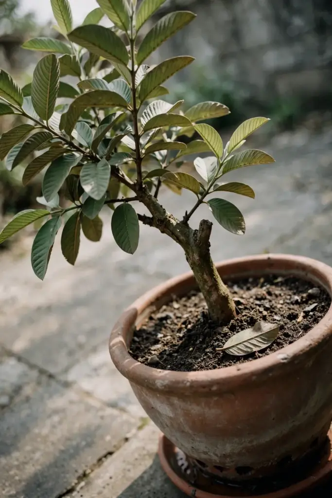 Guava tree in a large clay pot with drainage holes on a patio