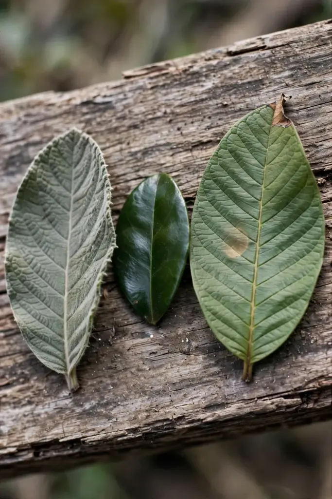 Common guava leaf beside strawberry guava and pineapple guava leaves for comparison
