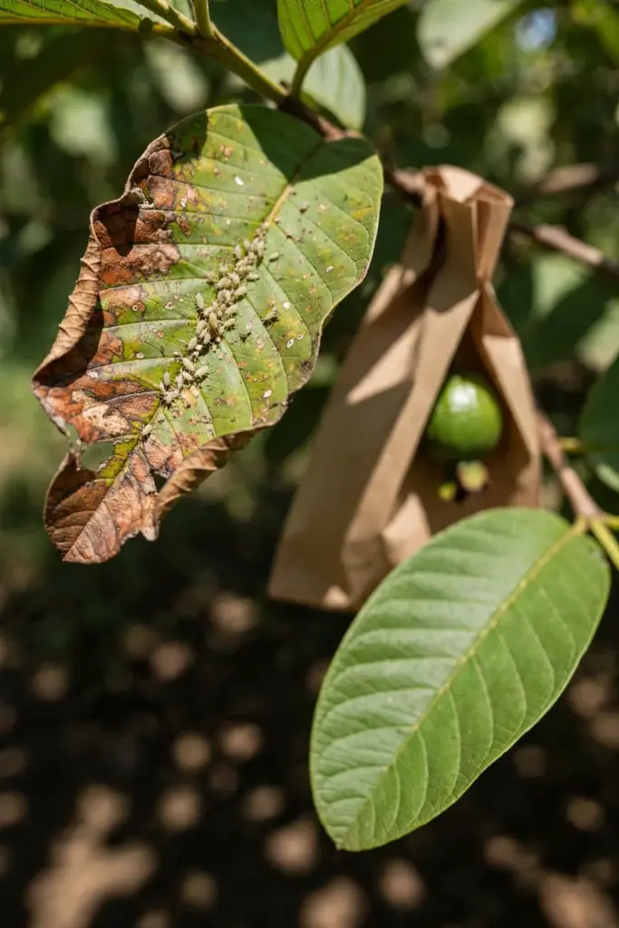 Guava leaf with pest damage beside a small fruit in a paper bag