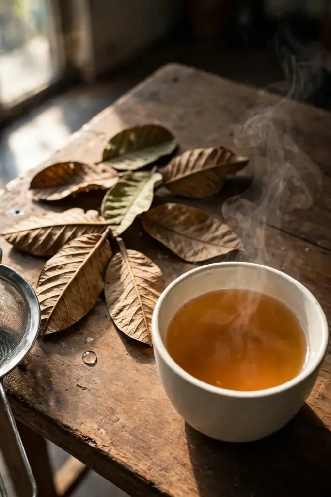Cup of brewed guava leaf tea beside dried guava leaves