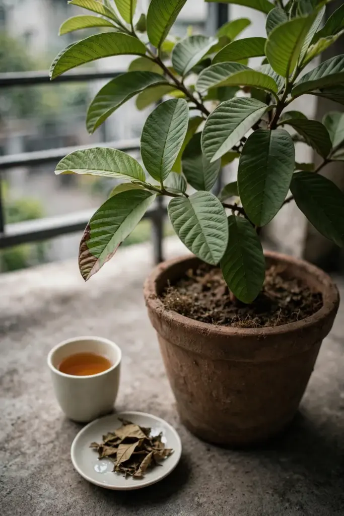 Potted guava tree with a cup of leaf tea beside the pot