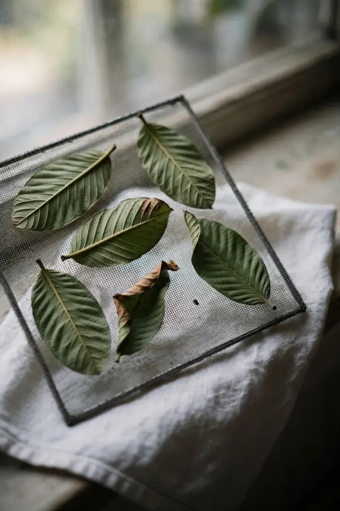 Guava leaves drying in a single layer on a mesh screen