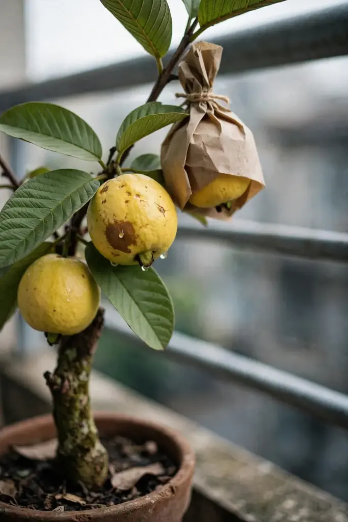 Potted guava tree carrying ripe fruit on a balcony