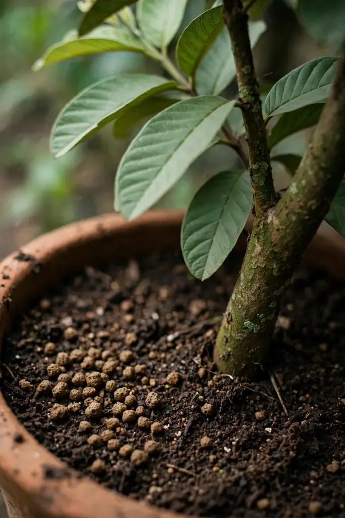 Organic granular fertilizer scattered across the soil of a potted guava