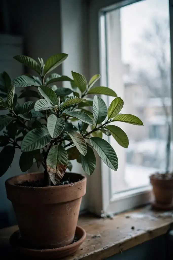 Potted guava tree by a bright window indoors in winter