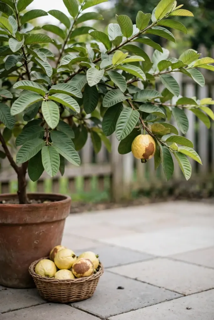 Potted guava tree on a paved patio with fallen fruit gathered in a basket