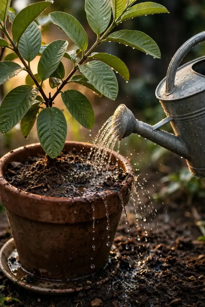Watering can tipping droplets onto the root zone of a potted guava tree