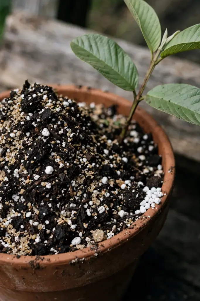 Potting mix with perlite and compost heaped in a guava pot