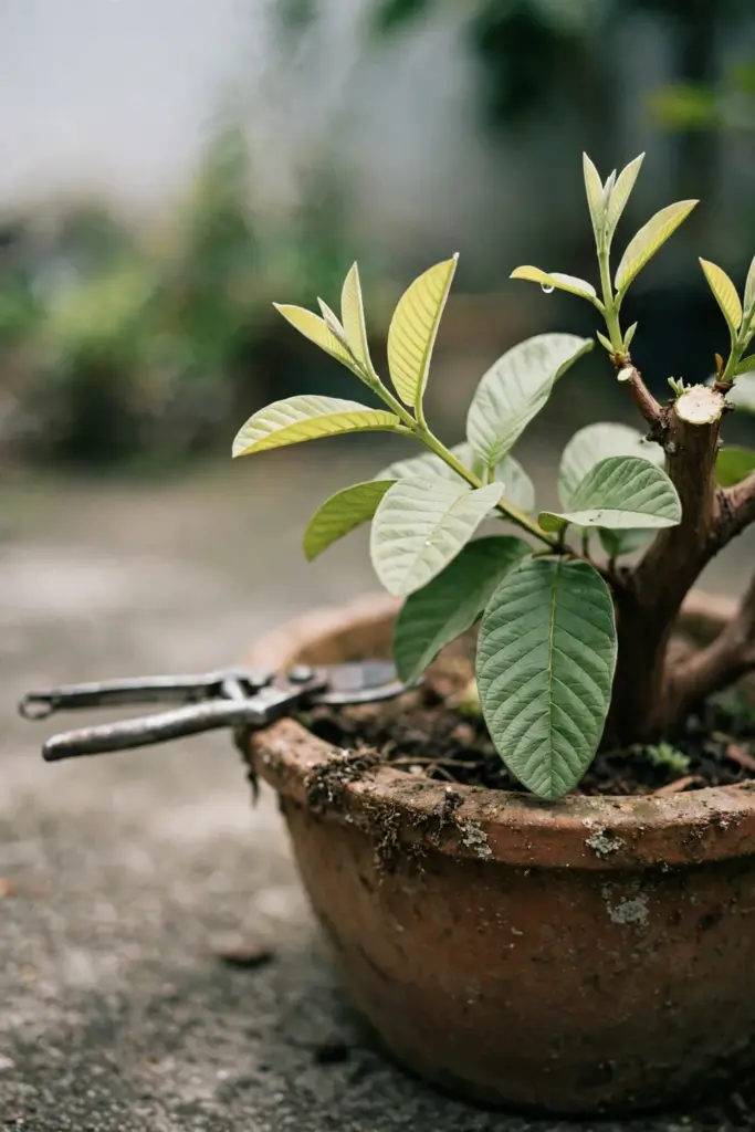 Pruned low guava tree pushing fresh shoots in a pot