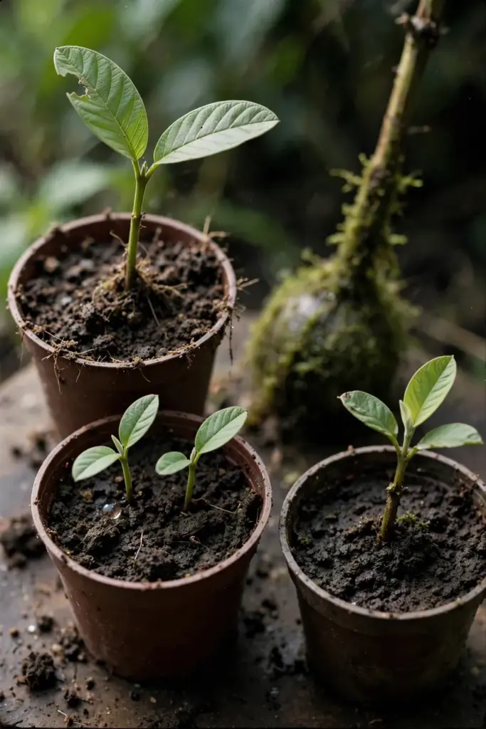 Guava seedlings and a stem cutting rooting in small pots of dark soil