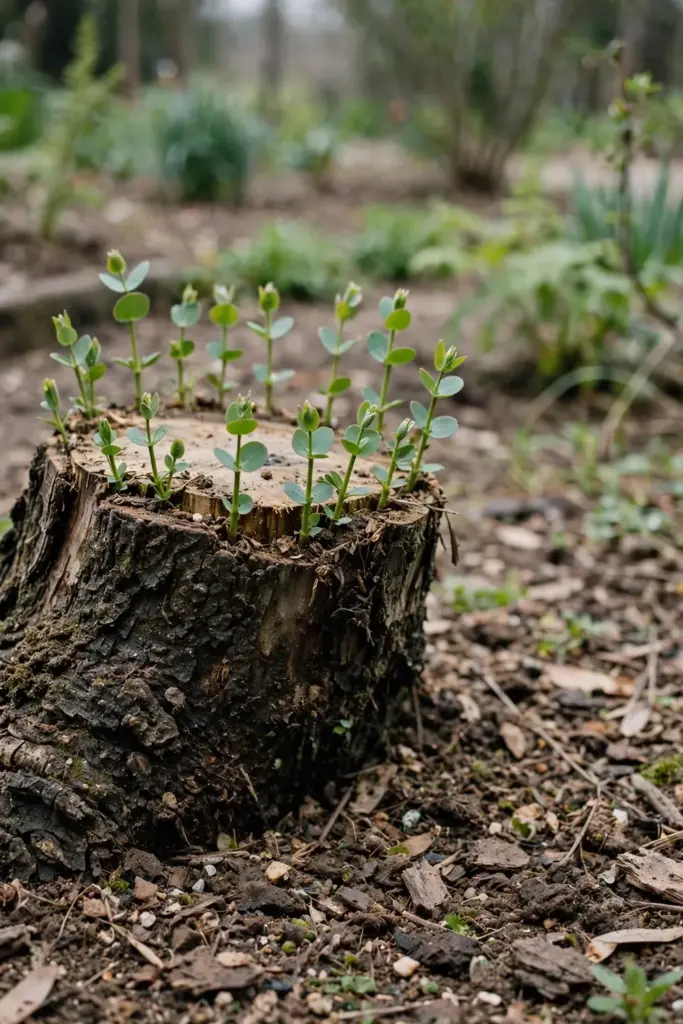 Coppiced gum stump with fresh green shoots rising from the cut surface