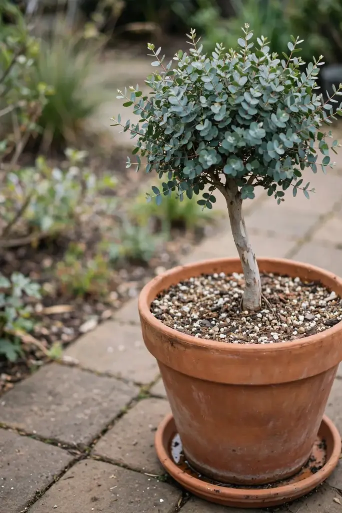 Dwarf gum tree growing in a large pot with fast-draining native potting mix