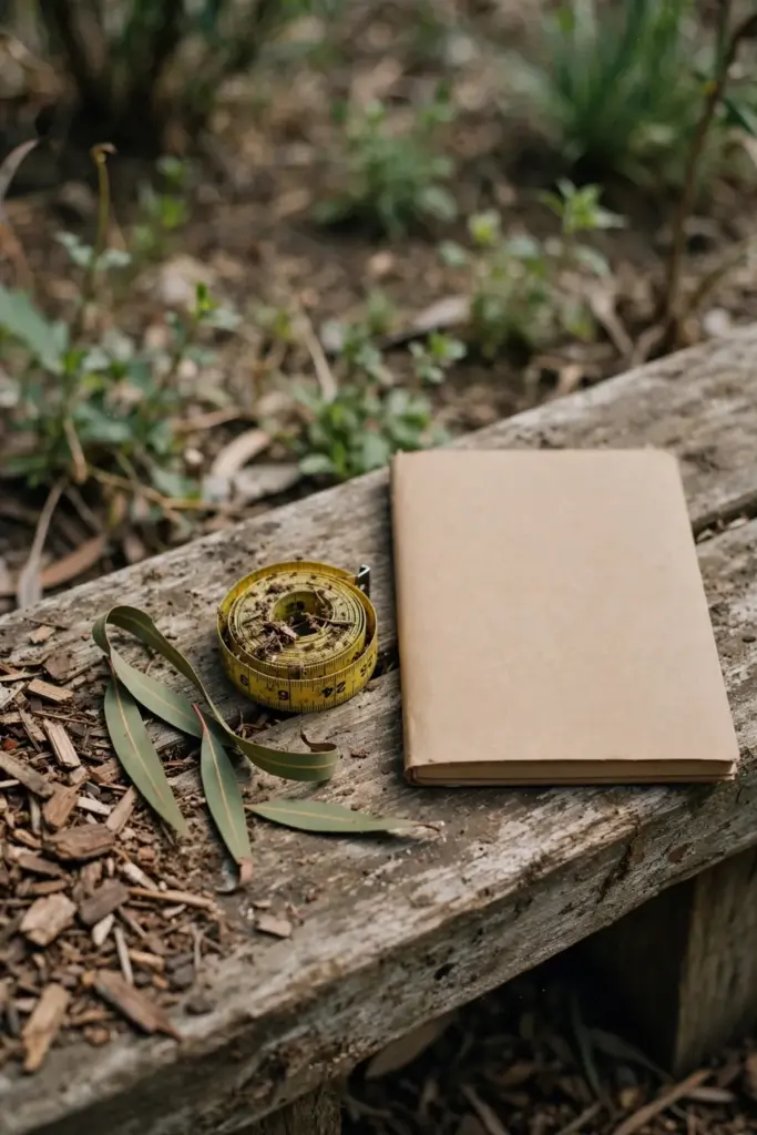 Notebook, tape measure, and gum leaves on a timber bench beside a garden bed