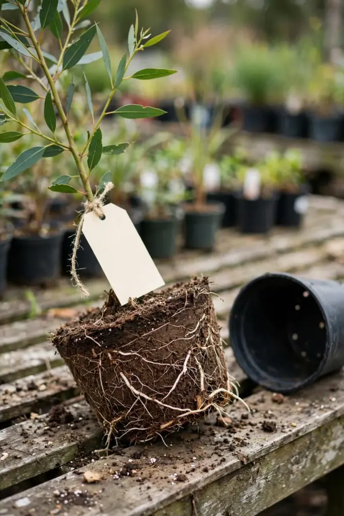 Potted gum tree with a plant label and exposed root ball on a nursery bench