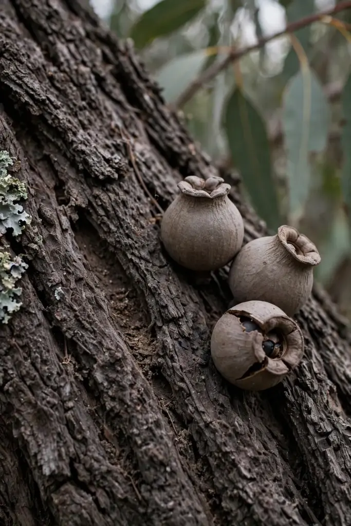 Woody gum nuts with valved caps beside dark furrowed bark