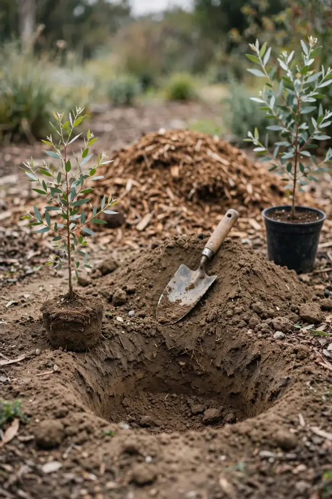 Young gum beside a wide planting hole in free-draining soil with a trowel resting nearby