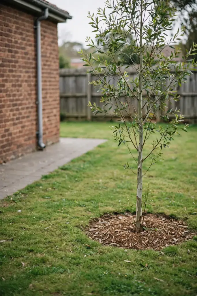 Young gum tree planted with a wide clear gap from a house wall and paved path