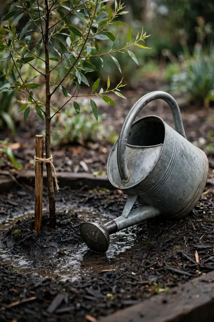Watering can soaking the soil at the base of a newly planted young gum tree