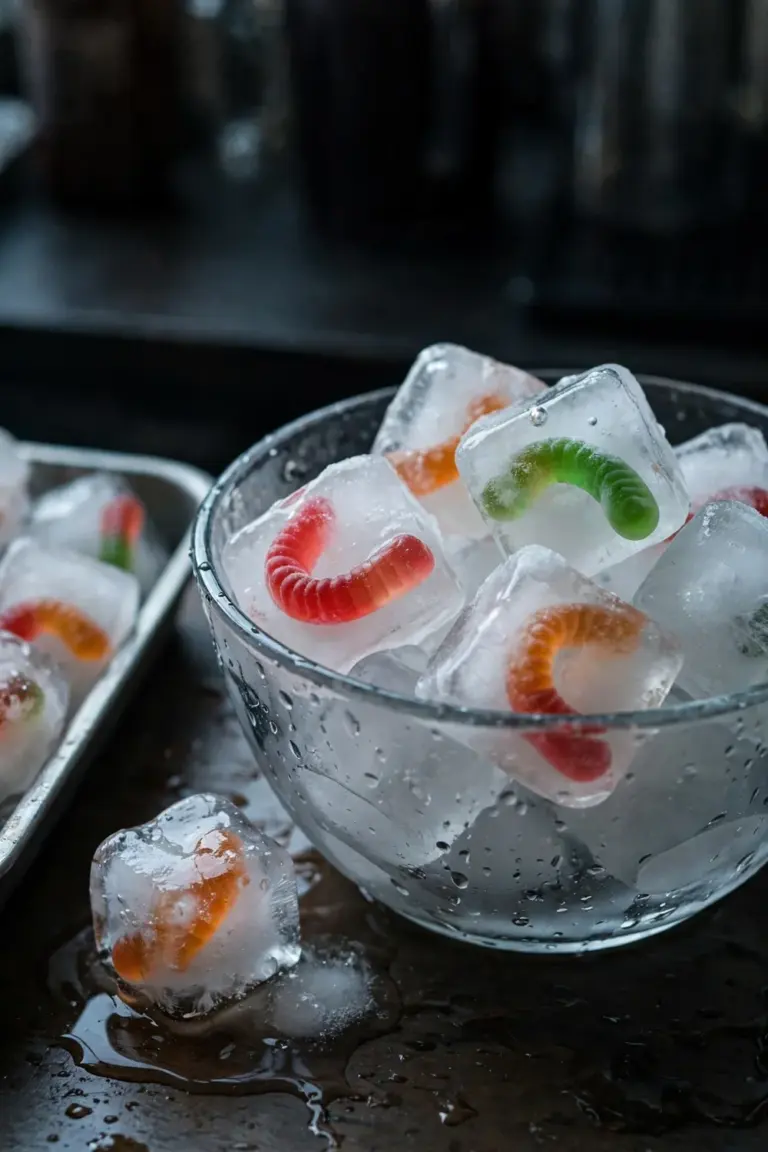 Ice cubes with gummy worms frozen inside heaped in a clear glass bowl