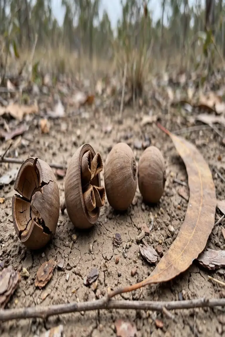 Gumnuts beside a fallen adult leaf on bare ground for scale