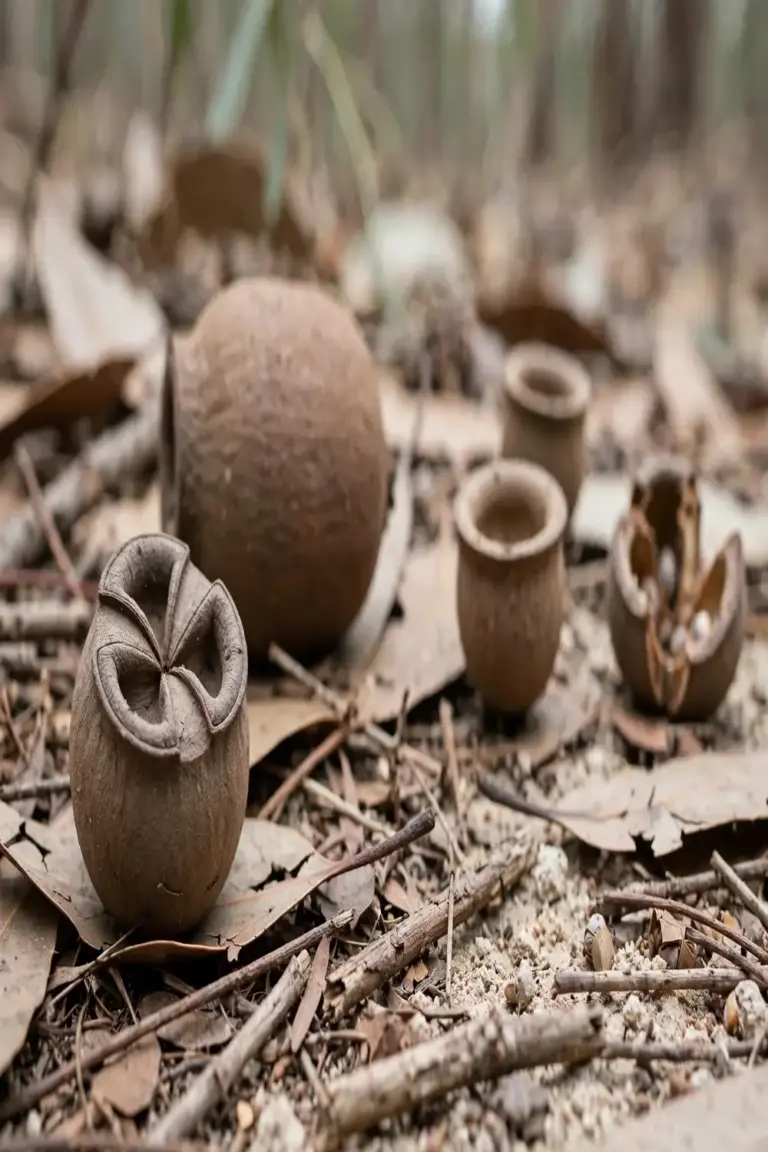 Woody gumnuts on the ground showing valves and disc shape