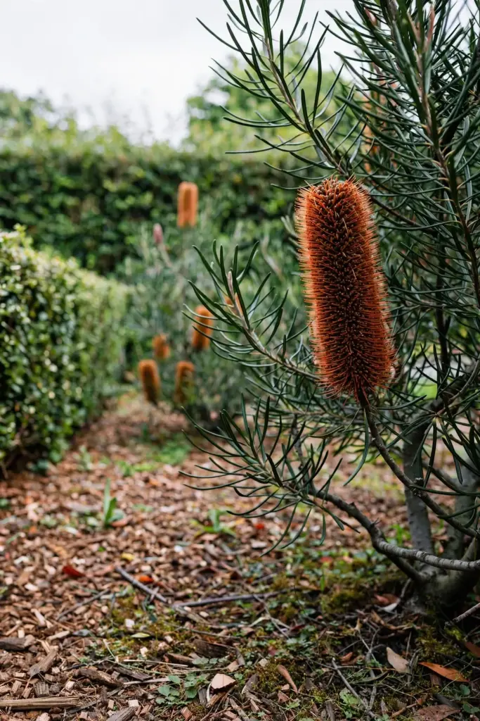 Hairpin banksia shrub with dark orange spikes and fine narrow leaves