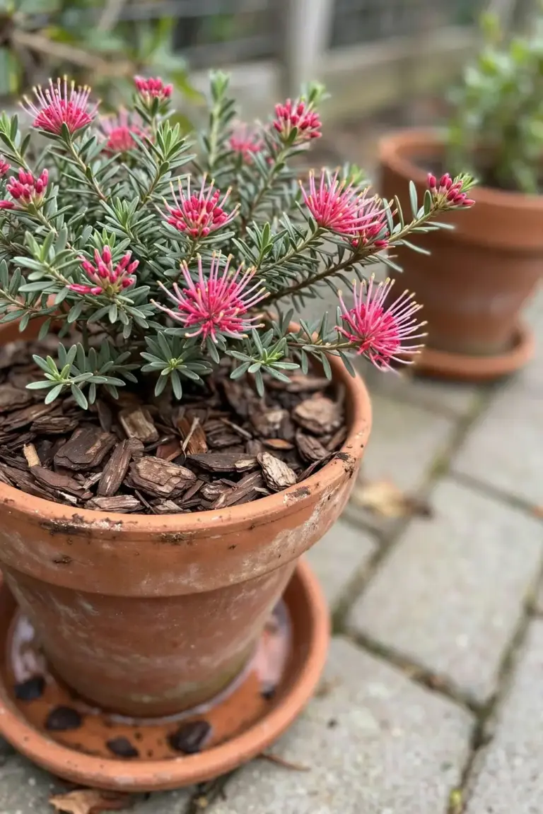 Dwarf hakea with pink flowers growing in a terracotta pot on a patio