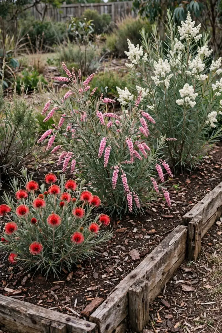 Garden bed with several hakea shrubs in flower