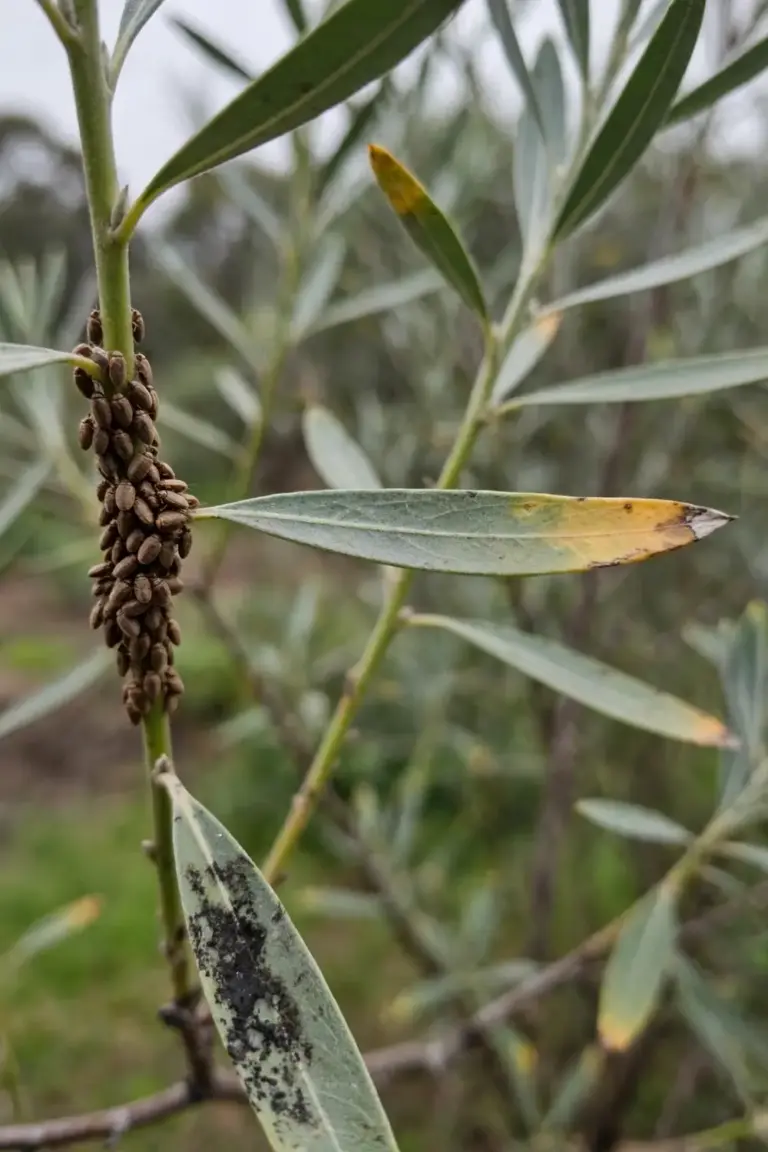 Hakea leaf with small brown scale insects along the stem