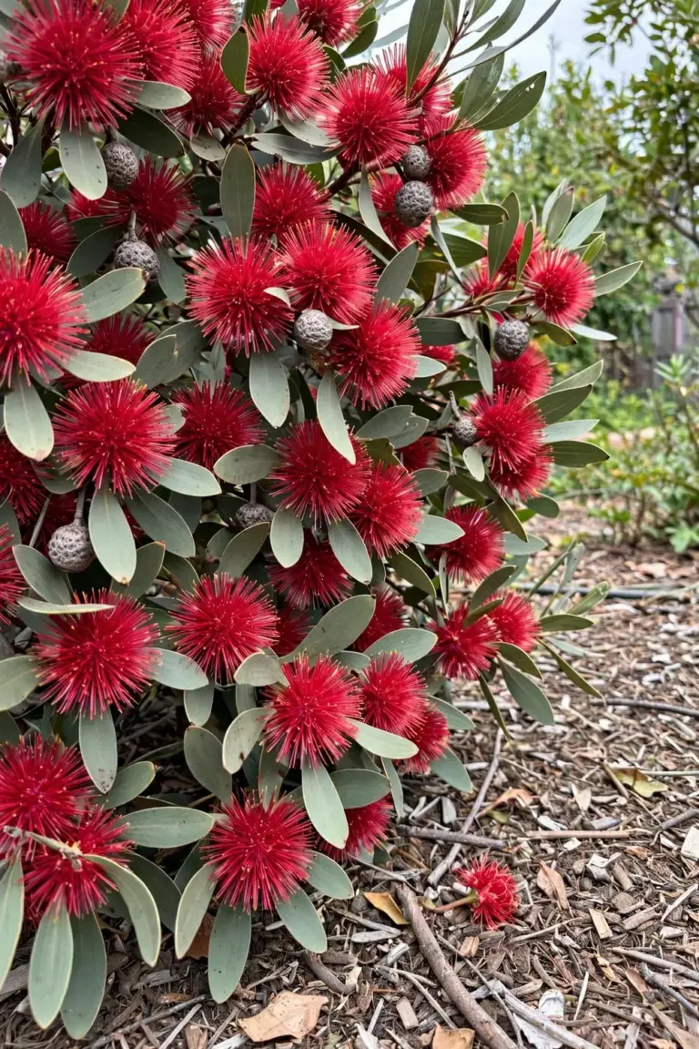 Mature hakea shrub in full red bloom in a home garden