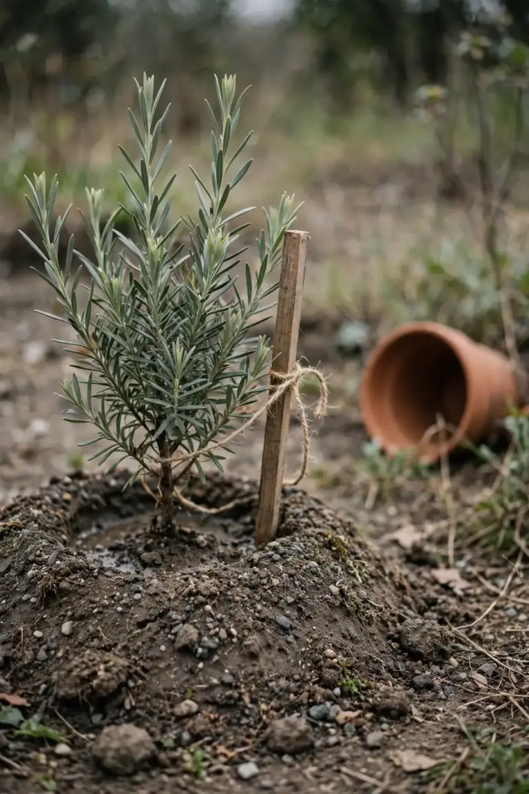 Young hakea planted on a soil mound with a timber stake beside it