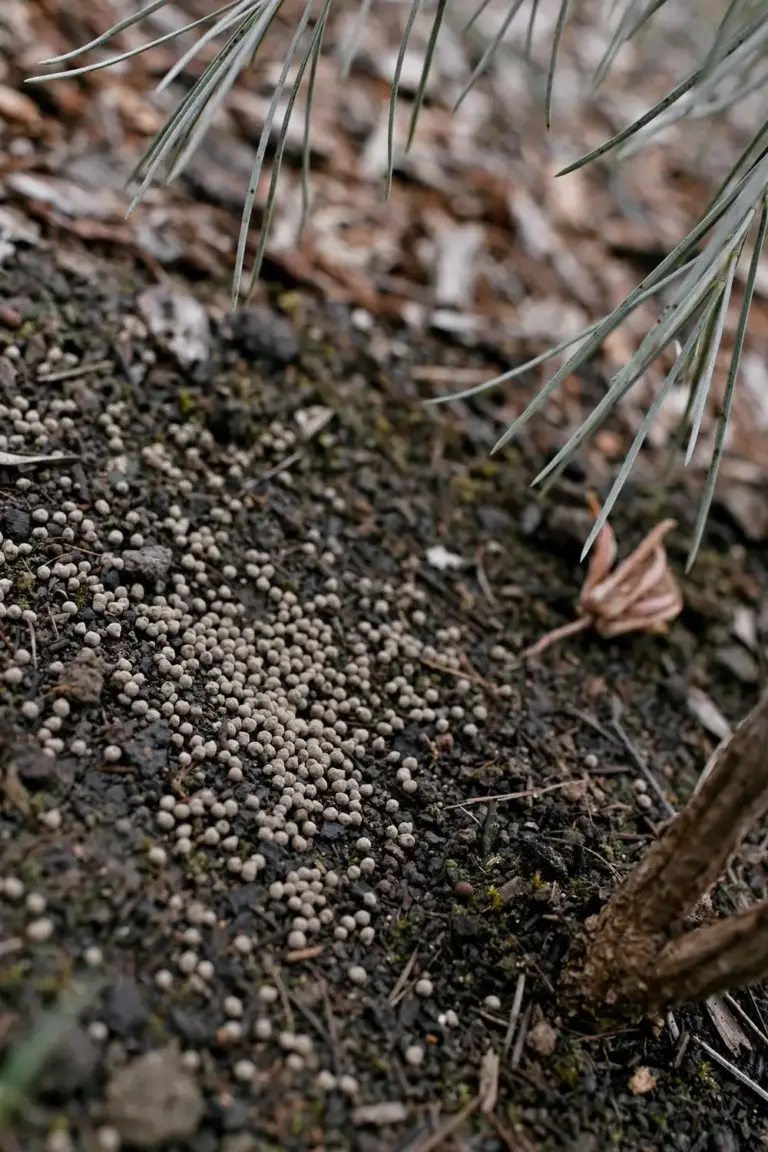 Slow-release native fertilizer granules scattered thinly on soil at a hakea base