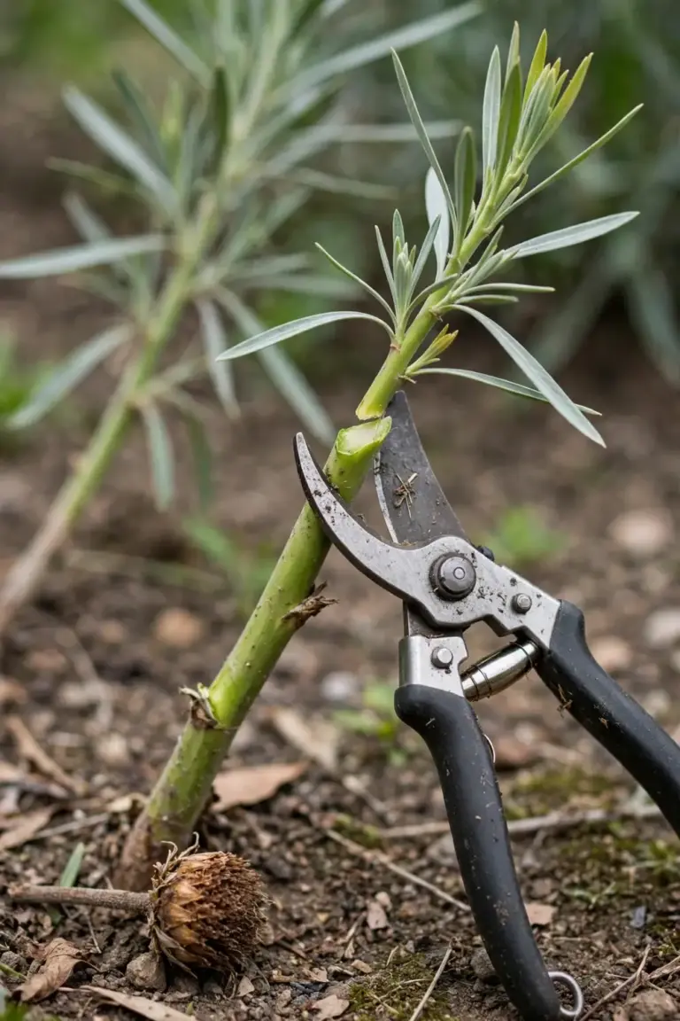 Secateurs resting against a hakea stem beside a freshly cut tip