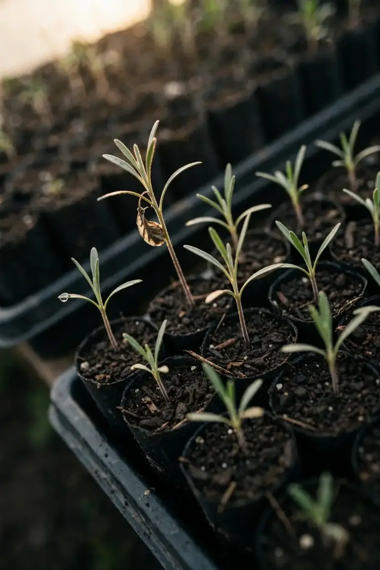 Tray of small hakea seedlings growing in pots of dark mix