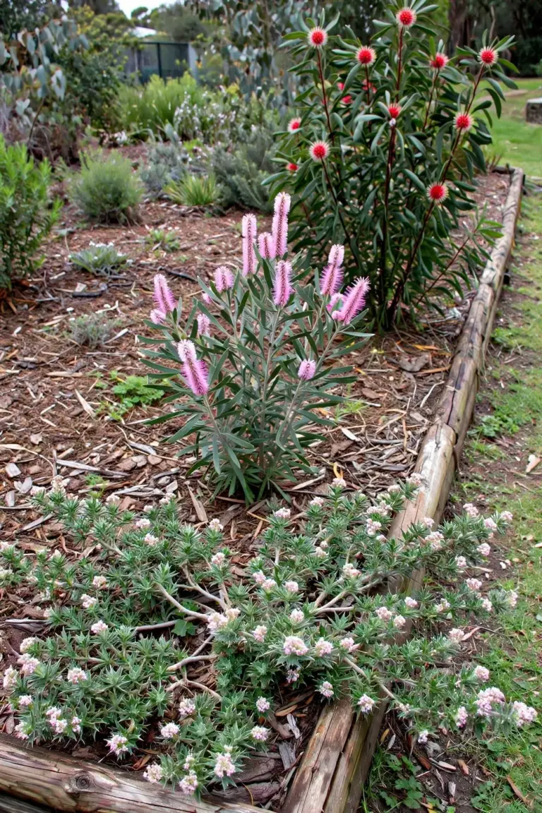Three hakea species of different heights growing in one garden bed