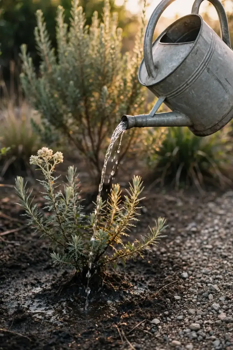 Watering can tipping water onto the root zone of a young hakea