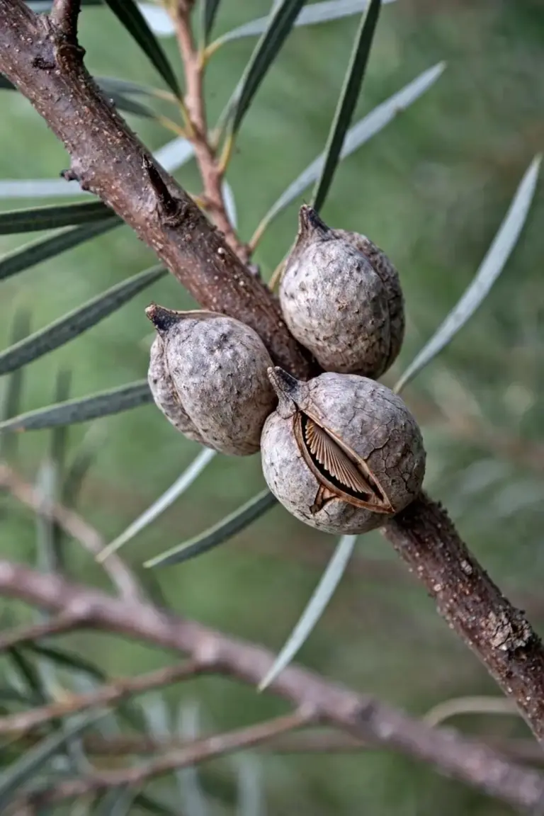 Woody hakea follicles clustered on a branch beside needle leaves
