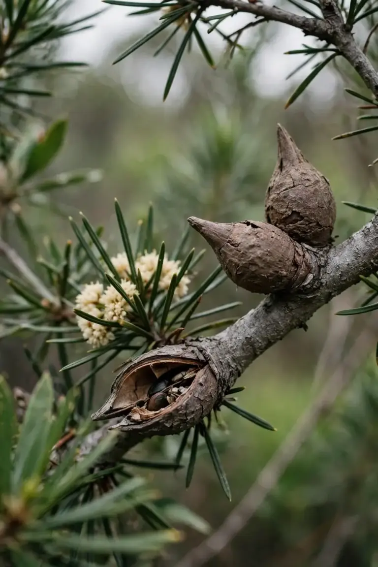Hakea woody follicles on a branch with flowers tucked in foliage