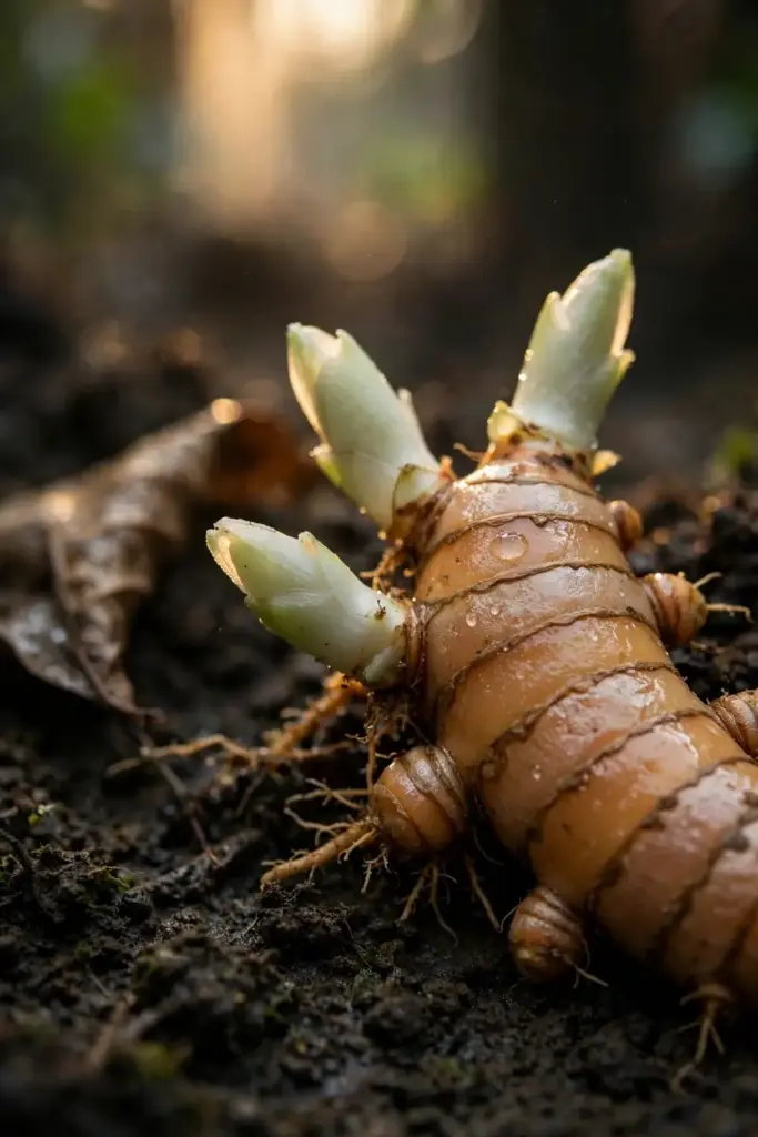 Fresh haldi rhizome with swollen growth buds resting on dark moist soil