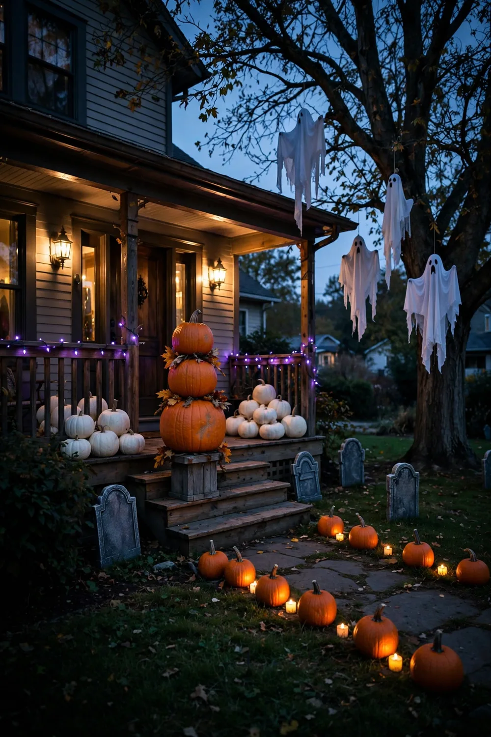 Front yard at dusk dressed for Halloween with stacked pumpkins, tombstones, ghosts and purple string lights
