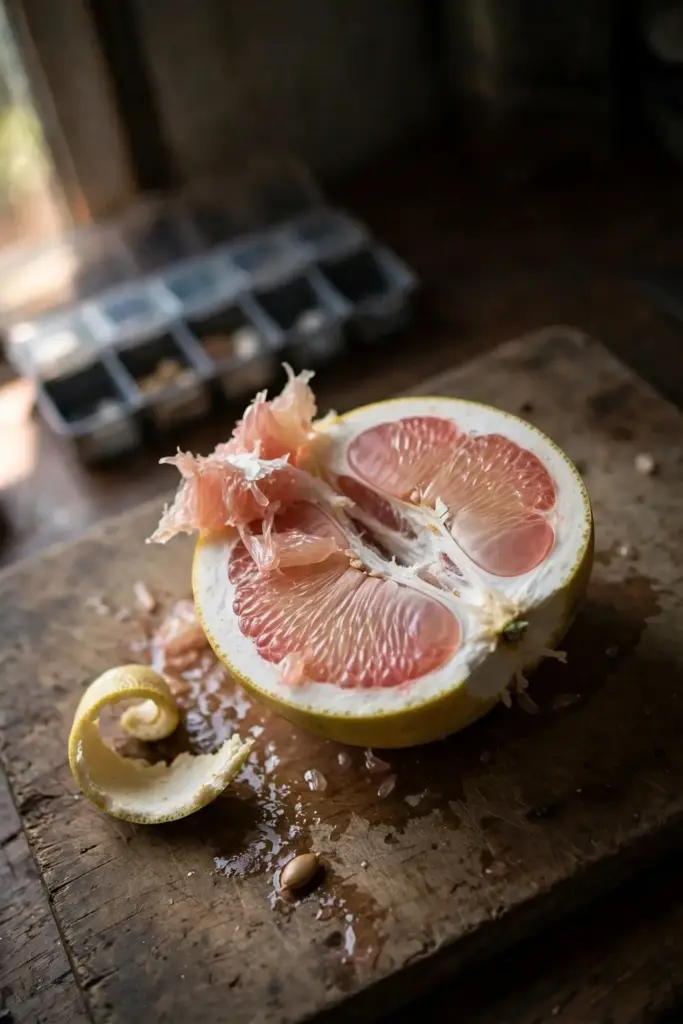 Halved pomelo on a wooden board with a pill organizer blurred behind