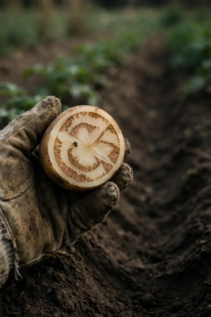 Halved potato tuber with brown corky arcs, held in a worn garden mitt.