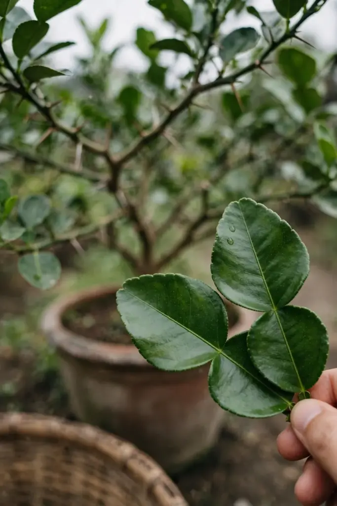 Hand picking glossy double-lobed makrut lime leaves from a potted tree
