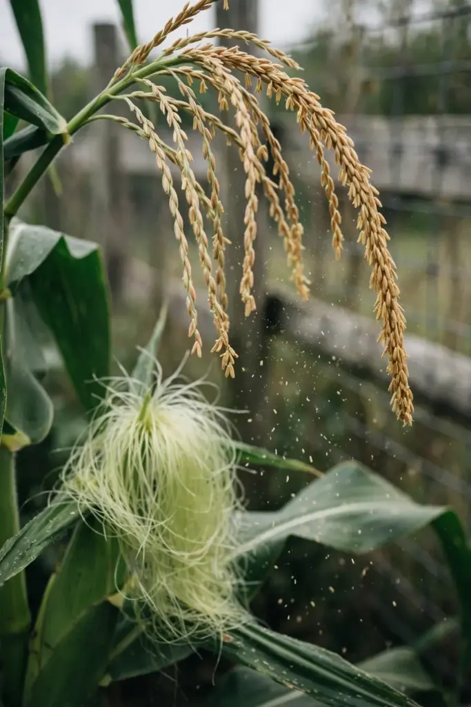 Corn tassel bent over fresh silks with pollen dust falling