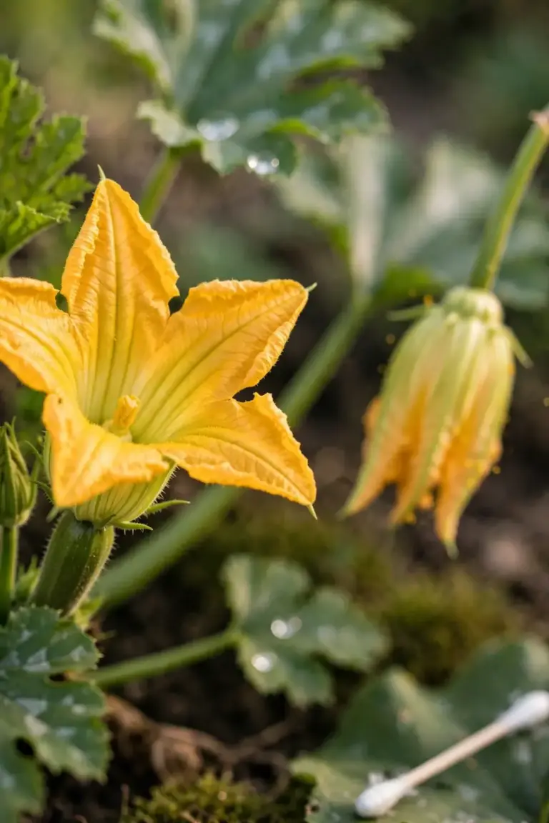 Zucchini male and female flowers, the female with a swelling behind petals
