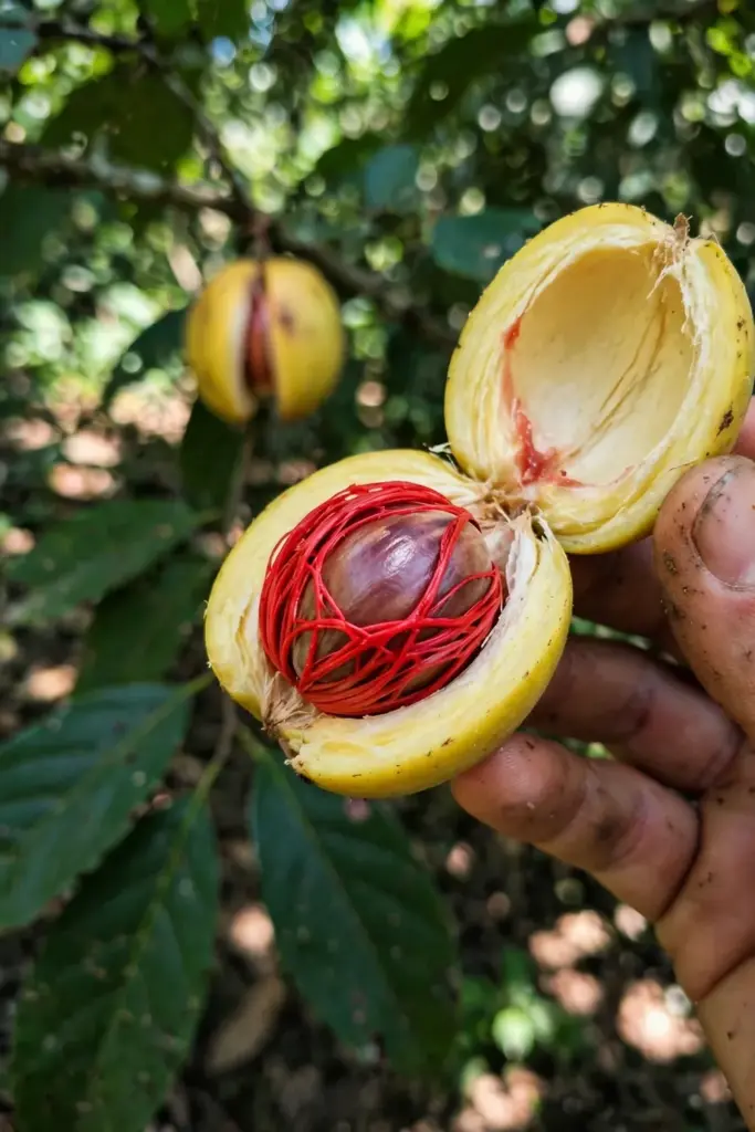 Hand holding a freshly split nutmeg fruit revealing the seed wrapped in red aril